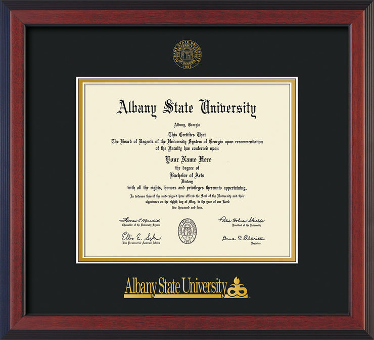 Image of Albany State University Diploma Frame - Cherry Reverse - w/Embossed Albany Seal & Name - Black on Gold mat