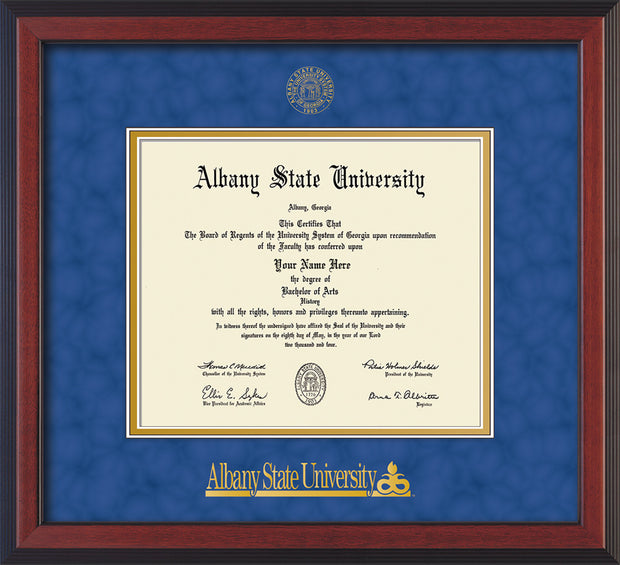 Image of Albany State University Diploma Frame - Flat Matte Black - w/Embossed Albany Seal & Name - Royal Blue Suede on Gold mat