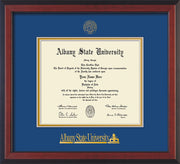 Image of Albany State University Diploma Frame - Cherry Reverse - w/Embossed Albany Seal & Name - Royal Blue on Gold mat