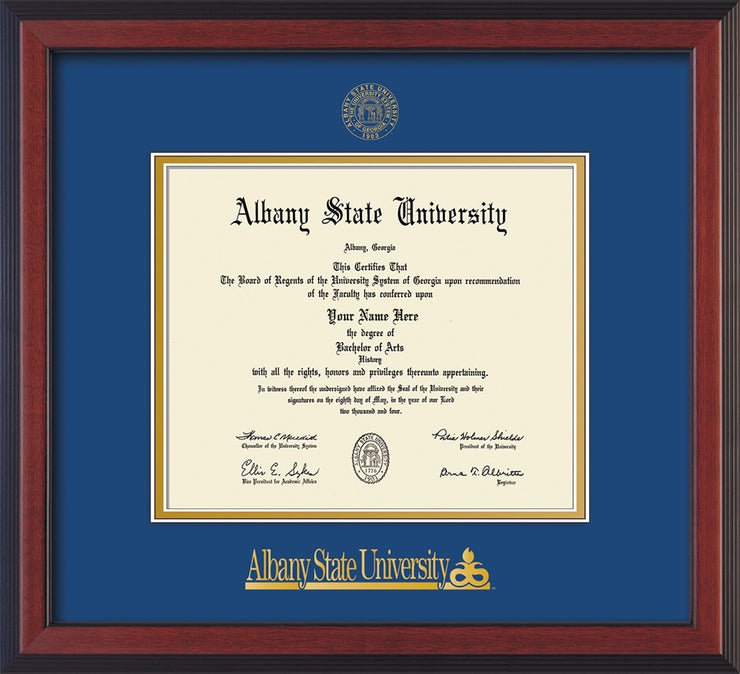 Image of Albany State University Diploma Frame - Cherry Reverse - w/Embossed Albany Seal & Name - Royal Blue on Gold mat