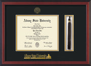 Image of Albany State University Diploma Frame - Cherry Reverse - w/Embossed Albany Seal & Name - Tassel Holder - Black on Gold mat