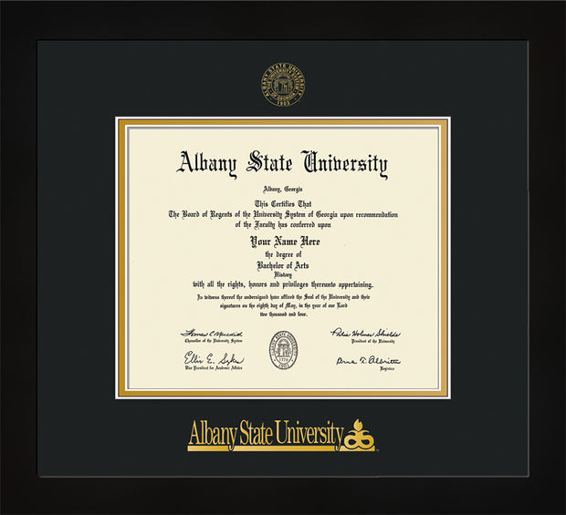 Image of Albany State University Diploma Frame - Flat Matte Black - w/Embossed Albany Seal & Name - Black on Gold mat