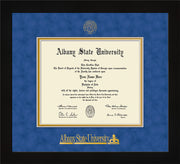 Image of Albany State University Diploma Frame - Flat Matte Black - w/Embossed Albany Seal & Name - Royal Blue Suede on Gold mat