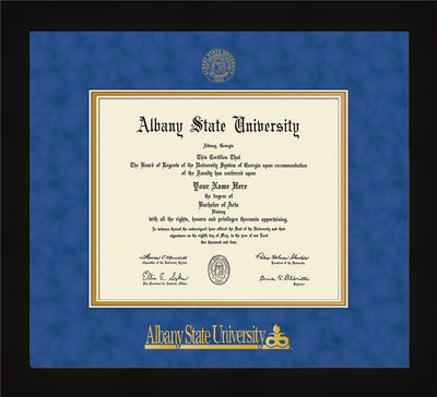 Image of Albany State University Diploma Frame - Flat Matte Black - w/Embossed Albany Seal & Name - Royal Blue Suede on Gold mat