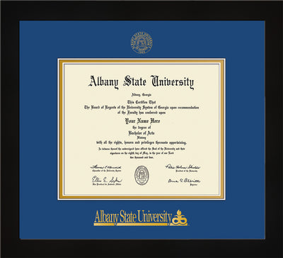 Image of Albany State University Diploma Frame - Flat Matte Black - w/Embossed Albany Seal & Name - Royal Blue on Gold mat