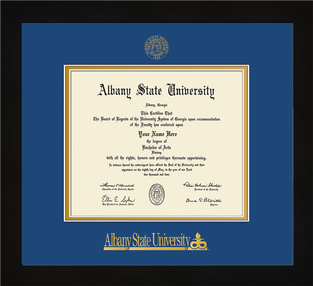 Image of Albany State University Diploma Frame - Flat Matte Black - w/Embossed Albany Seal & Name - Royal Blue on Gold mat