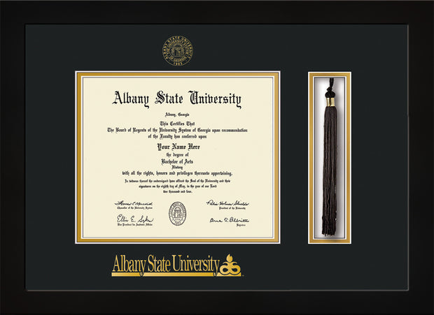 Image of Albany State University Diploma Frame - Flat Matte Black - w/Embossed Albany Seal & Name - Tassel Holder - Black on Gold mat