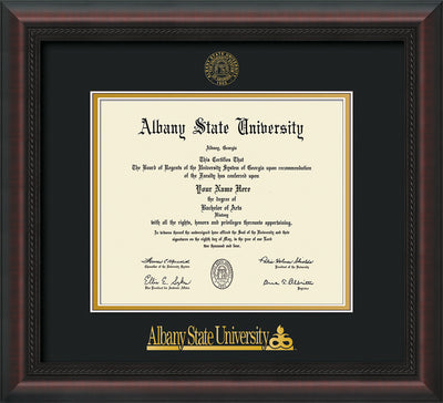 Image of Albany State University Diploma Frame - Mahogany Braid - w/Embossed Albany Seal & Name - Black on Gold mat