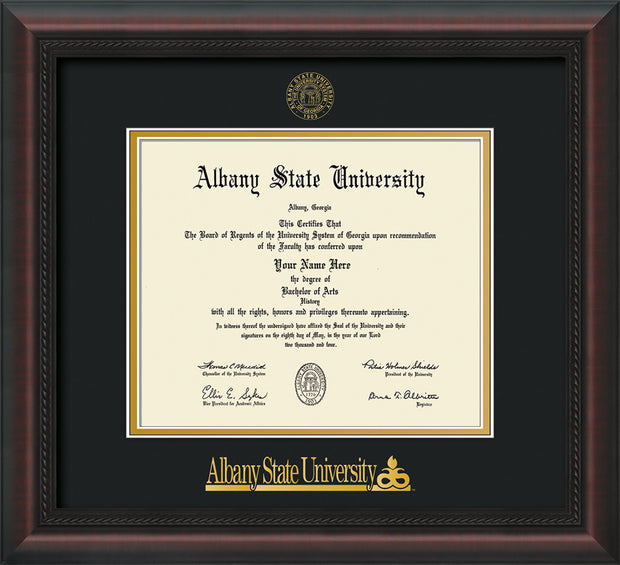 Image of Albany State University Diploma Frame - Mahogany Braid - w/Embossed Albany Seal & Name - Black on Gold mat