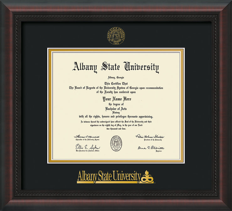 Image of Albany State University Diploma Frame - Mahogany Braid - w/Embossed Albany Seal & Name - Black on Gold mat