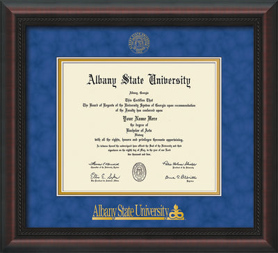 Image of Albany State University Diploma Frame - Mahogany Braid - w/Embossed Albany Seal & Name - Royal Blue Suede on Gold mat