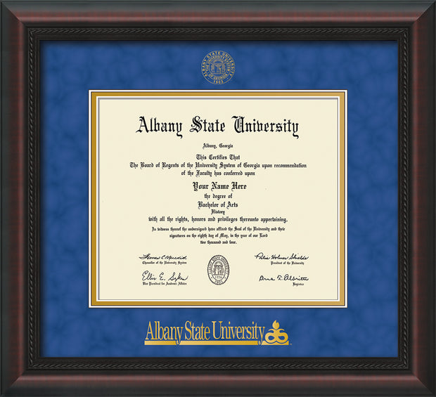 Image of Albany State University Diploma Frame - Mahogany Braid - w/Embossed Albany Seal & Name - Royal Blue Suede on Gold mat