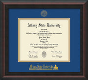 Image of Albany State University Diploma Frame - Mahogany Braid - w/Embossed Albany Seal & Name - Royal Blue on Gold mat