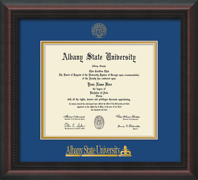 Image of Albany State University Diploma Frame - Mahogany Braid - w/Embossed Albany Seal & Name - Royal Blue on Gold mat