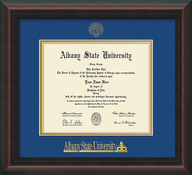 Image of Albany State University Diploma Frame - Mahogany Braid - w/Embossed Albany Seal & Name - Royal Blue on Gold mat