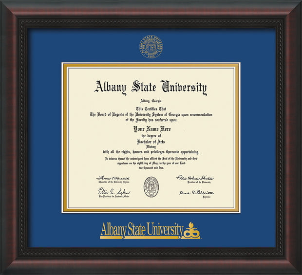Image of Albany State University Diploma Frame - Mahogany Braid - w/Embossed Albany Seal & Name - Royal Blue on Gold mat