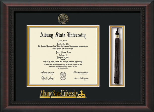 Image of Albany State University Diploma Frame - Mahogany Braid - w/Embossed Albany Seal & Name - Tassel Holder - Black on Gold mat