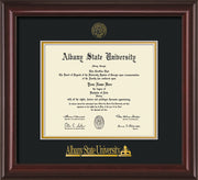 Image of Albany State University Diploma Frame - Mahogany Lacquer - w/Embossed Albany Seal & Name - Black on Gold mat