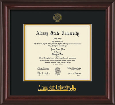 Image of Albany State University Diploma Frame - Mahogany Lacquer - w/Embossed Albany Seal & Name - Black on Gold mat