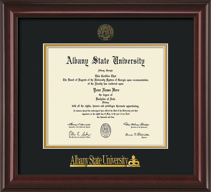 Image of Albany State University Diploma Frame - Mahogany Lacquer - w/Embossed Albany Seal & Name - Black on Gold mat