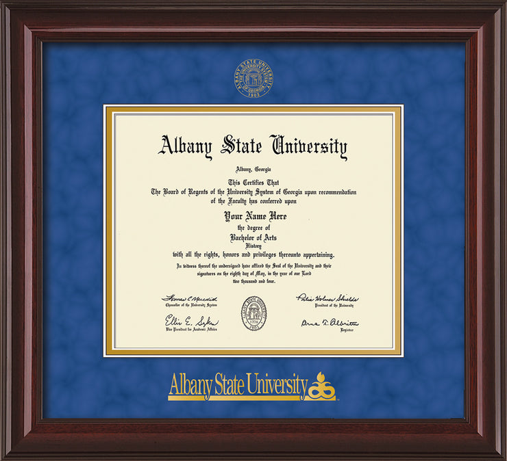 Image of Albany State University Diploma Frame - Mahogany Lacquer - w/Embossed Albany Seal & Name - Royal Blue Suede on Gold mat
