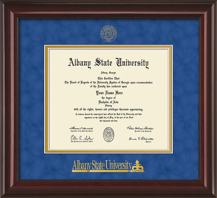 Image of Albany State University Diploma Frame - Mahogany Lacquer - w/Embossed Albany Seal & Name - Royal Blue Suede on Gold mat