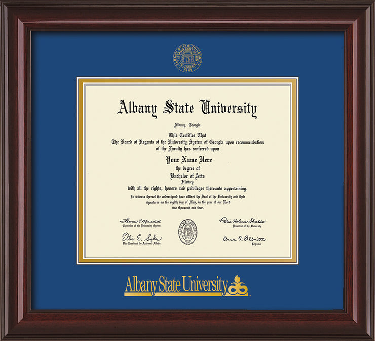 Image of Albany State University Diploma Frame - Mahogany Lacquer - w/Embossed Albany Seal & Name - Royal Blue on Gold mat