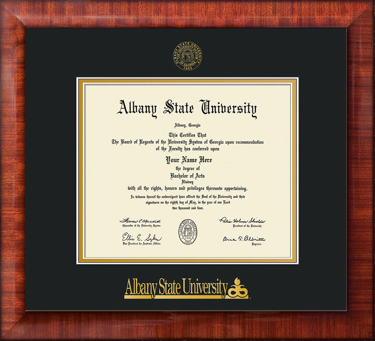 Image of Albany State University Diploma Frame - Mezzo Gloss - w/Embossed Albany Seal & Name - Black on Gold mat