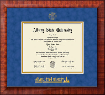 Image of Albany State University Diploma Frame - Mezzo Gloss - w/Embossed Albany Seal & Name - Royal Blue Suede on Gold mat