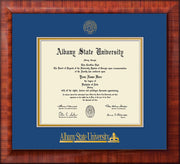 Image of Albany State University Diploma Frame - Mezzo Gloss - w/Embossed Albany Seal & Name - Royal Blue on Gold mat