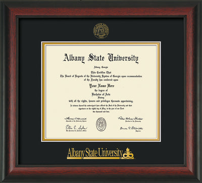 Image of Albany State University Diploma Frame - Rosewood - w/Embossed Albany Seal & Name - Black on Gold mat