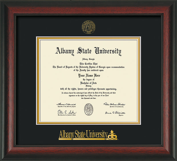 Image of Albany State University Diploma Frame - Rosewood - w/Embossed Albany Seal & Name - Black on Gold mat