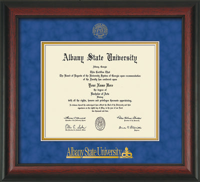 Image of Albany State University Diploma Frame - Rosewood - w/Embossed Albany Seal & Name - Royal Blue Suede on Gold mat