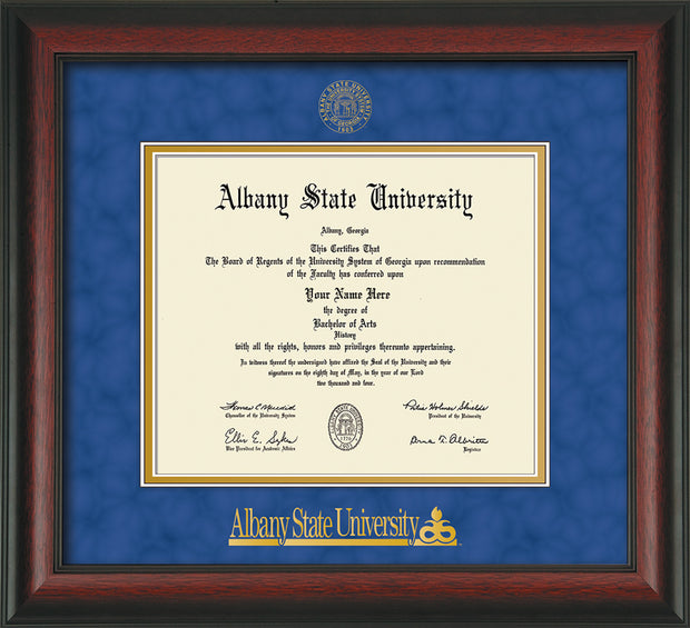 Image of Albany State University Diploma Frame - Rosewood - w/Embossed Albany Seal & Name - Royal Blue Suede on Gold mat