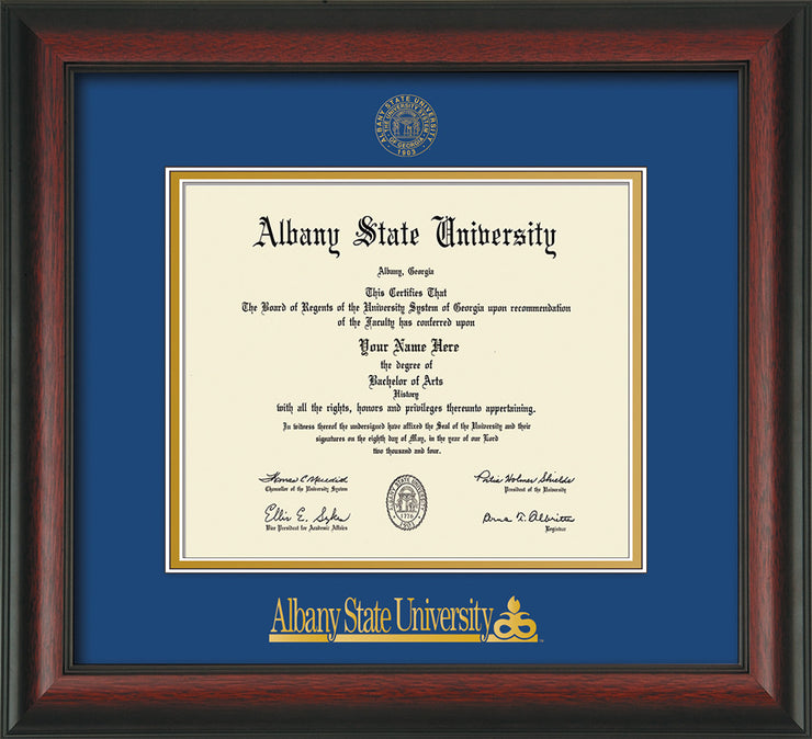 Image of Albany State University Diploma Frame - Rosewood - w/Embossed Albany Seal & Name - Royal Blue on Gold mat