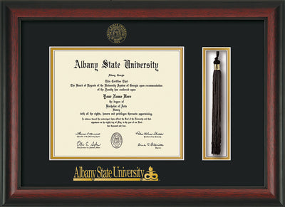 Image of Albany State University Diploma Frame - Rosewood - w/Embossed Albany Seal & Name - Tassel Holder - Black on Gold mat