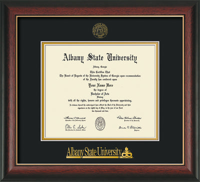 Image of Albany State University Diploma Frame - Rosewood w/Gold Lip - w/Embossed Albany Seal & Name - Black on Gold mat