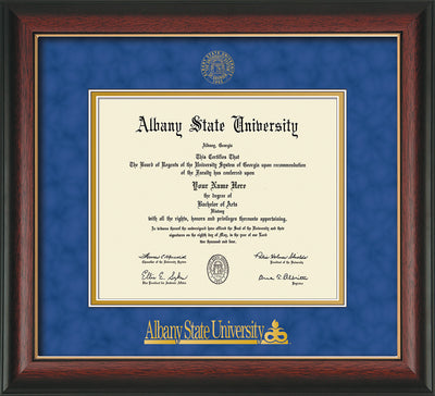 Image of Albany State University Diploma Frame - Rosewood w/Gold Lip - w/Embossed Albany Seal & Name - Royal Blue Suede on Gold mat