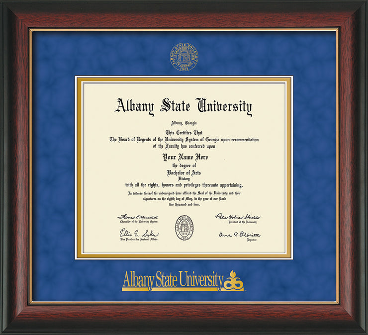 Image of Albany State University Diploma Frame - Rosewood w/Gold Lip - w/Embossed Albany Seal & Name - Royal Blue Suede on Gold mat