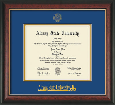 Image of Albany State University Diploma Frame - Rosewood w/Gold Lip - w/Embossed Albany Seal & Name - Royal Blue on Gold mat