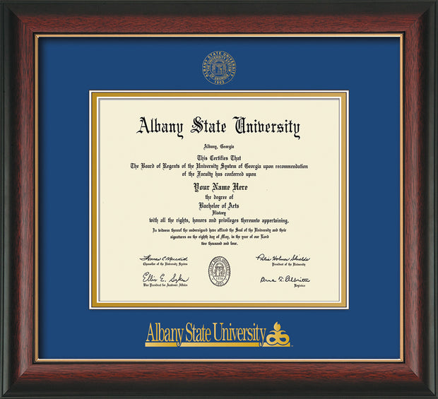 Image of Albany State University Diploma Frame - Rosewood w/Gold Lip - w/Embossed Albany Seal & Name - Royal Blue on Gold mat