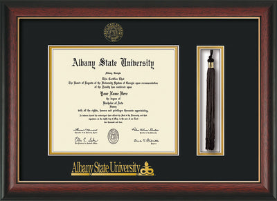 Image of Albany State University Diploma Frame - Rosewood w/Gold Lip - w/Embossed Albany Seal & Name - Tassel Holder - Black on Gold mat