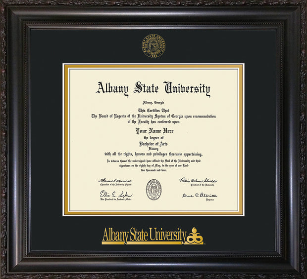 Image of Albany State University Diploma Frame - Vintage Black Scoop - w/Embossed Albany Seal & Name - Black on Gold mat