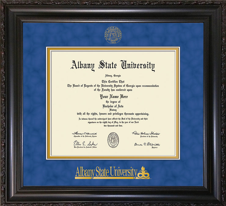 Image of Albany State University Diploma Frame - Vintage Black Scoop - w/Embossed Albany Seal & Name - Royal Blue Suede on Gold mat