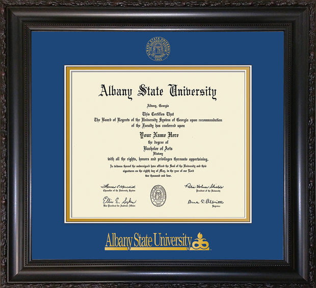 Image of Albany State University Diploma Frame - Vintage Black Scoop - w/Embossed Albany Seal & Name - Royal Blue on Gold mat