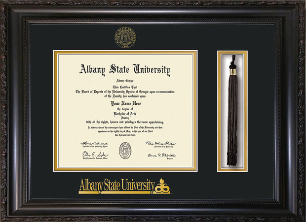 Image of Albany State University Diploma Frame - Vintage Black Scoop - w/Embossed Albany Seal & Name - Tassel Holder - Black on Gold mat