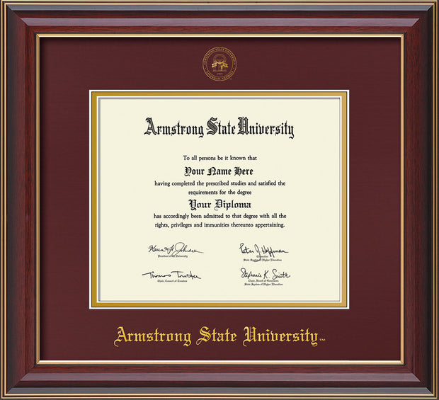 Image of Armstrong State University Diploma Frame - Cherry Lacquer - w/Embossed ASU Seal & Name - Maroon on Gold mat