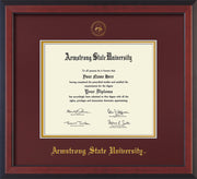 Image of Armstrong State University Diploma Frame - Cherry Reverse - w/Embossed ASU Seal & Name - Maroon on Gold mat