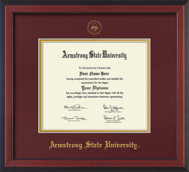 Image of Armstrong State University Diploma Frame - Cherry Reverse - w/Embossed ASU Seal & Name - Maroon on Gold mat