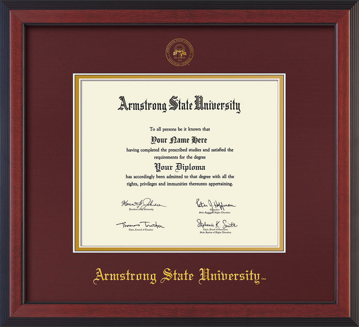 Image of Armstrong State University Diploma Frame - Cherry Reverse - w/Embossed ASU Seal & Name - Maroon on Gold mat